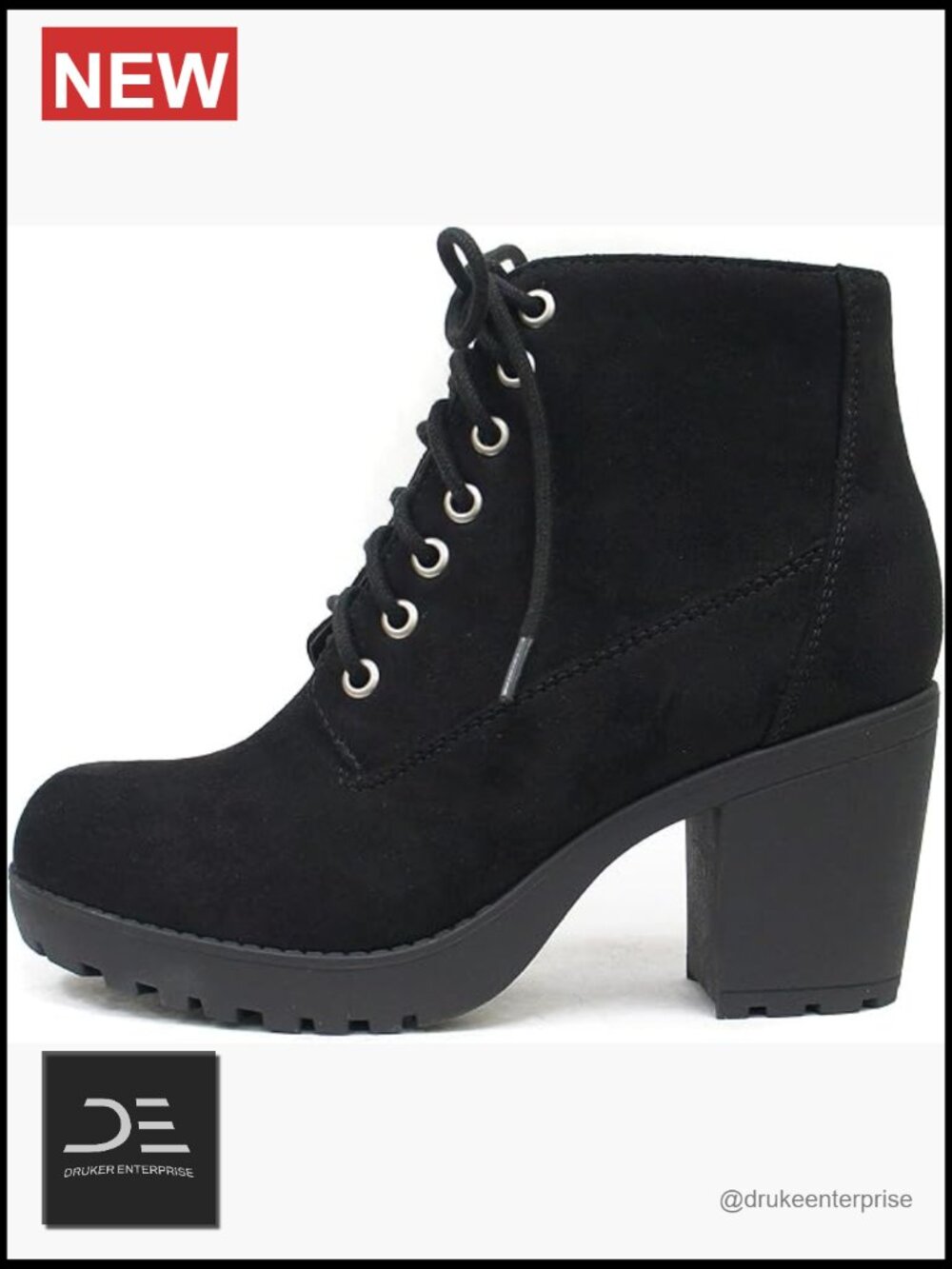 Lug Sole Chunky Heel Combat Ankle Bootie Lace Up Side Zipper - Picture 1 of 6